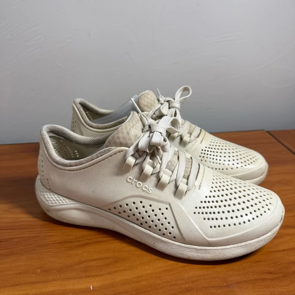 Crocs LiteRide‎ Pacer Perforated Sneakers 205234 Lightweight Lace Up Off White 9